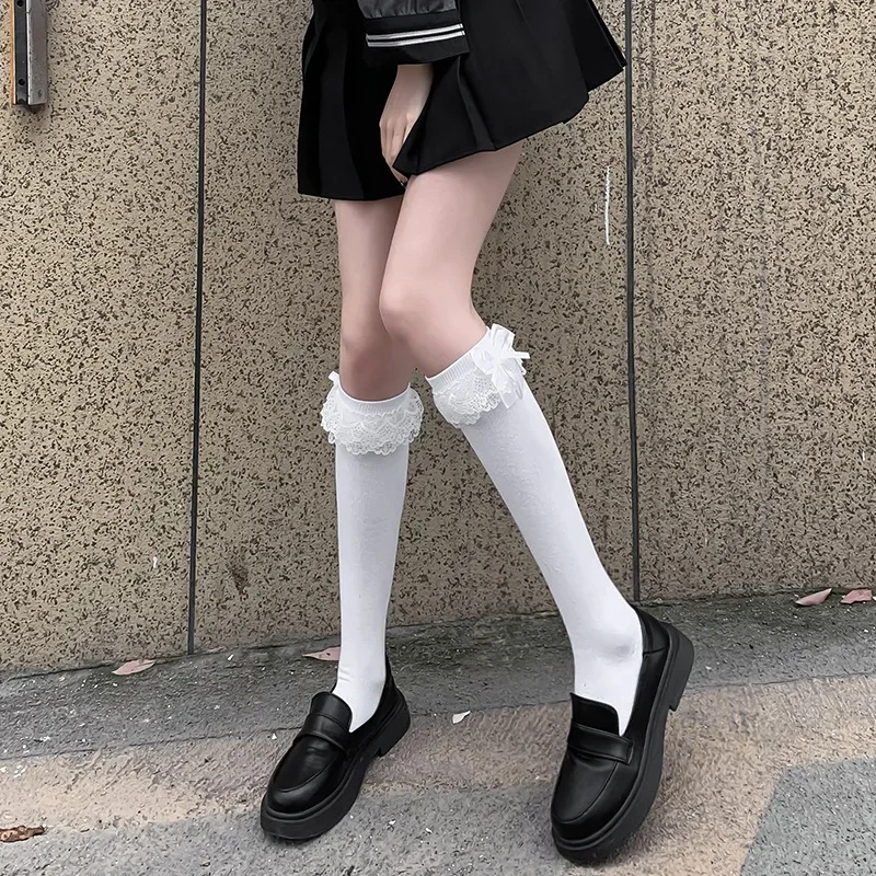 Japanse meid cosplay kniehoge lange sokken zoete gelaagde gegolfde kant grote strik katoenen schooluniform buis