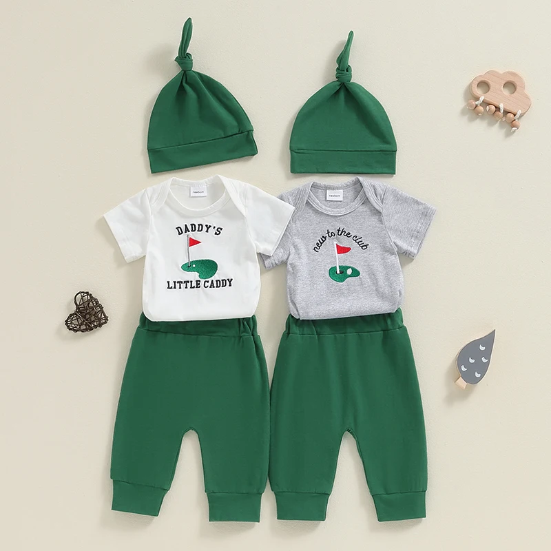 Tenues de golf pour bébés garçons, barboteuse brodée à manches courtes, ensemble pantalon et chapeau, vêtements pour nouveau-nés, 3 pièces, 2024-04-25