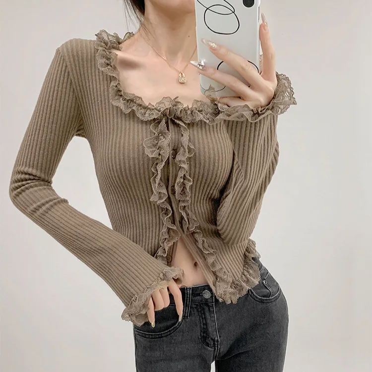 

Square Collar Lace Edge Splicing Long Sleeve Knitted Sweater Women's Retro Short Style Slim and Look Thin Interior Bottom Top