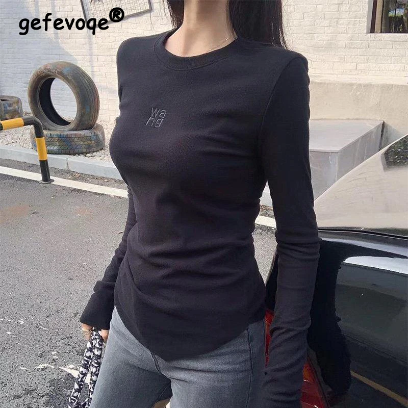 Women's Clothing Autumn Winter Korean Style Letter Embroidery Slim Irregular Basic T-shirts Casual O Neck Solid Long Sleeve Tops