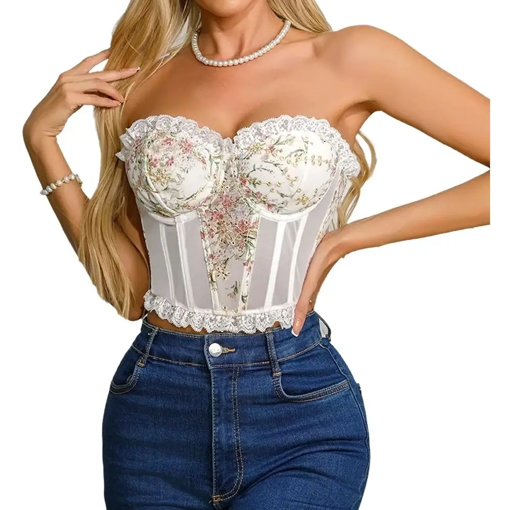 

French Style Sweet Strapless Lace Trim Embroidery Sexy Fishbone Bra Pure Desire Beautiful Back Slim Fit Button up Top