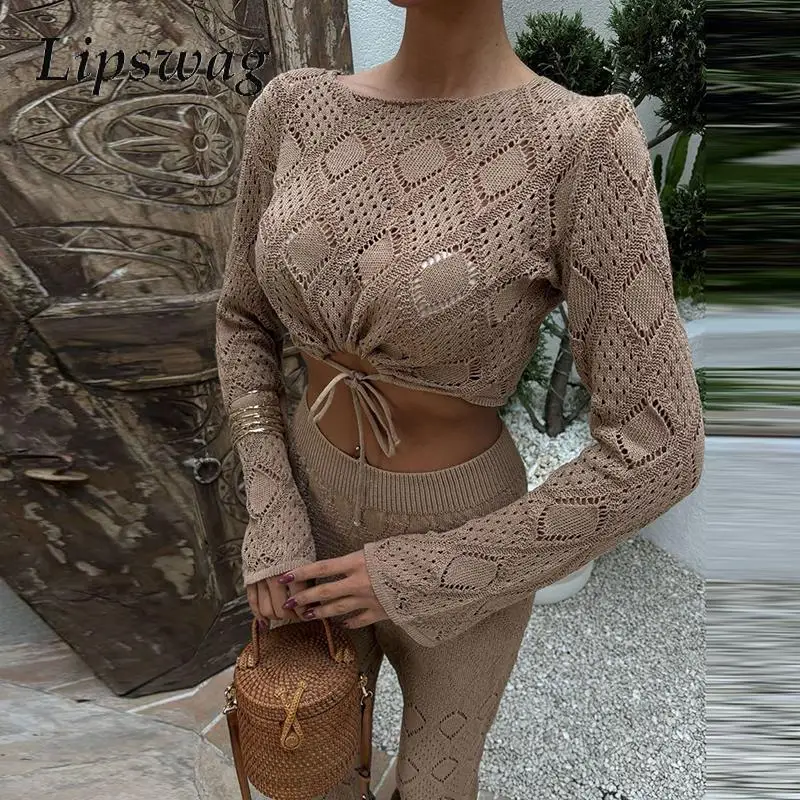 

Elegant O-neck Pullover Top & Party Pant Set 2025 Women Casual Long Sleeve Knitted Outfits Fashion Simple Hollow Solid 2Pc Suits