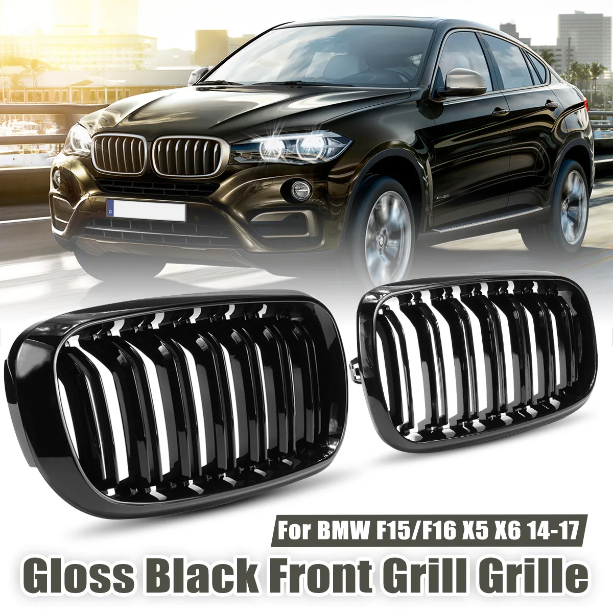 2Pcs Gloss Black Car 2 Slat Line Kidney Grille For BMW F15 F16 X5 X6 2014 2015 2016 2017 Car Styling Front Bumper Racing Grille