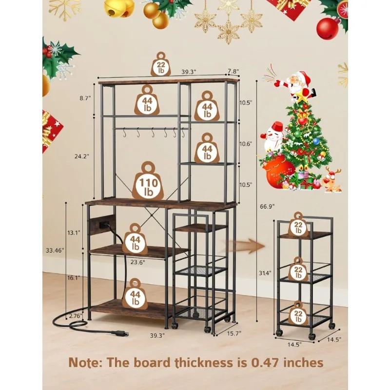 Bakers Rack with Mobile Kitchen Utility Shelf - Adjustable Height, Multi-Compartment Storage with Power Outlet & 6 Hooks