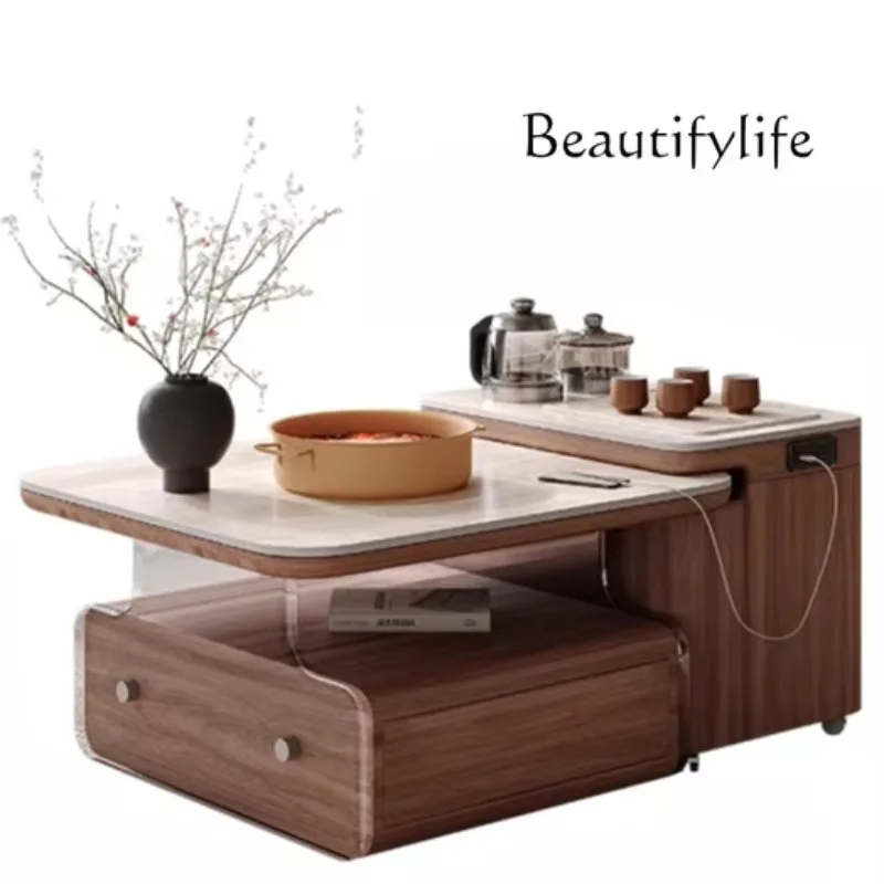 X35 Rock Slab Coffee Table Living Room Apartment Multi-functional Movable Side Table Light Luxury Sense Medium And Ancient Sty