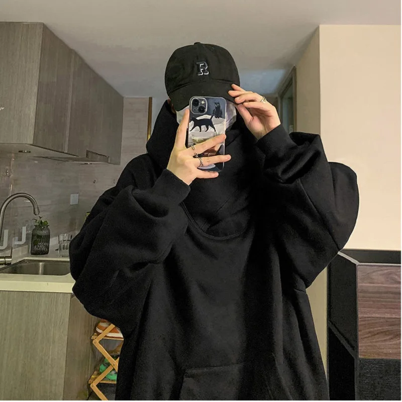 Harajuku High Collar Loose Hoodie Spring Hip Hop Sweatshirt Hooded Baggy Fashion Streetwear Black/Gray Long Sleeve Men Hoodies