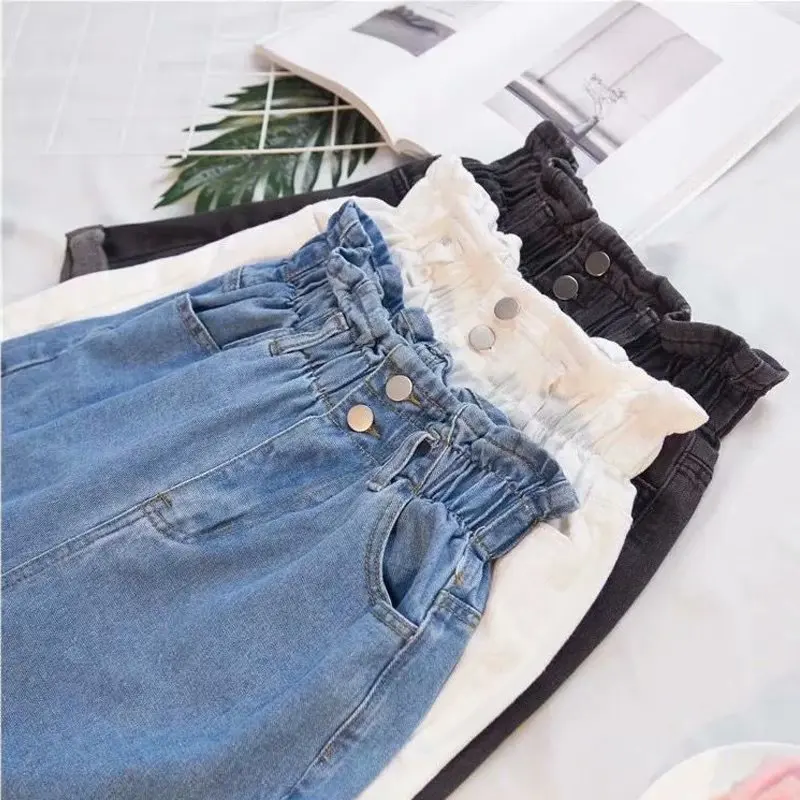 Light Blue Paperbag Waist Denim Shorts Women Double Button Elastic Ruffle High Waist Rolled Hem Casual Jean Shorts