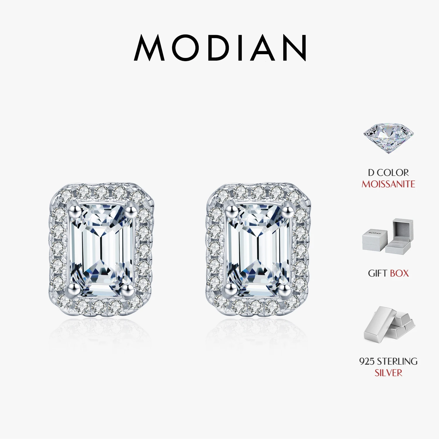 MODIAN Classic Emerald Cut Halo Earrings 925 Sterling Silver Sparkling Moissanite Stud Earrings For Women Fine Jewelry