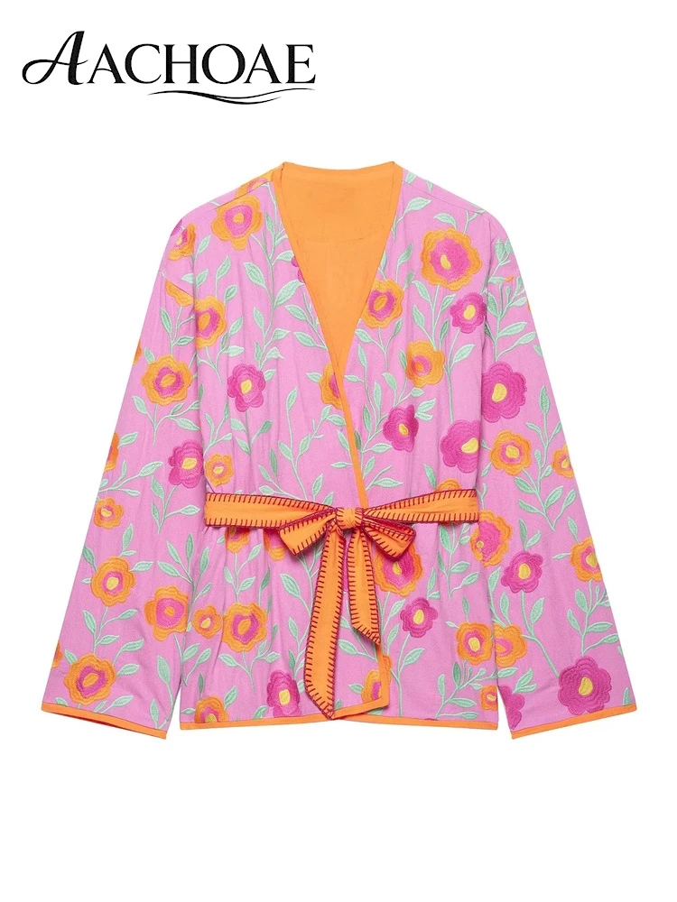 AACHOAE Women's Floral Embroidered Wrap Jacket V Neck Tie Waist Cardigan Boho Long Sleeve Open Front Coat Outerwear