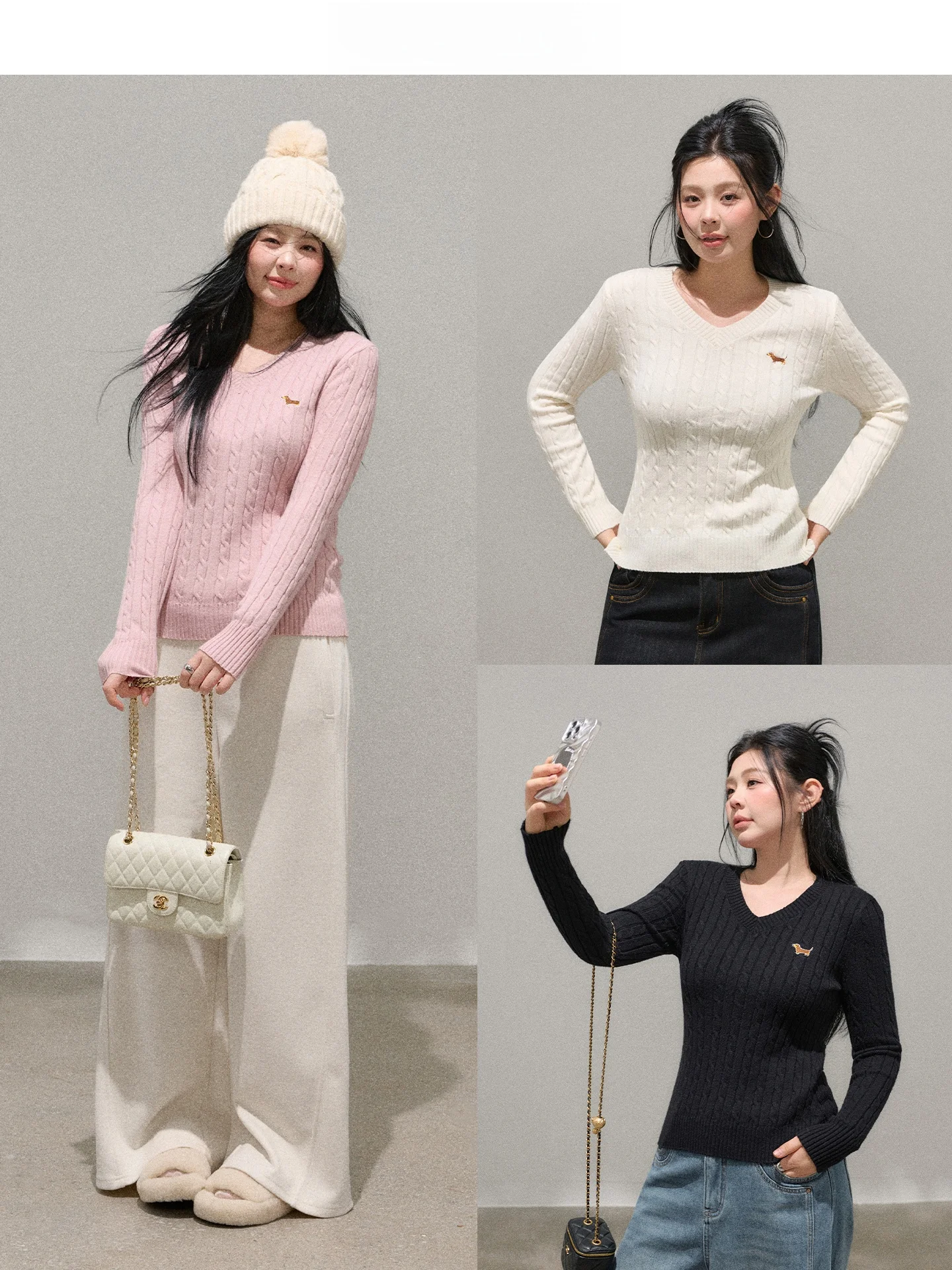 

Приталенный вязаный свитер с V-образным вырезом и длинными рукавами для женщин, осень-зима, новый дизайн Asourda Zhang, с узором в виде цветов и узлов, белый