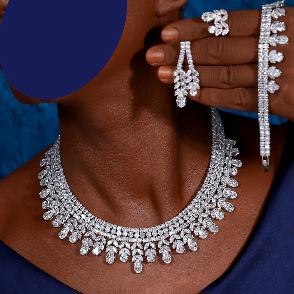 Luxury Large Zirconia Water Drop Wedding 4 Pcs Silver Jewelry Set Africa Nigeria Necklace Earrings Ring Bracelet Bridal