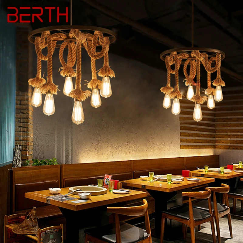 BERTH American Style Retrohemp Rope Chandelier Nostalgic Loft Industrial Style Internet Cafe Restaurant Hot Pot Shop Pendant