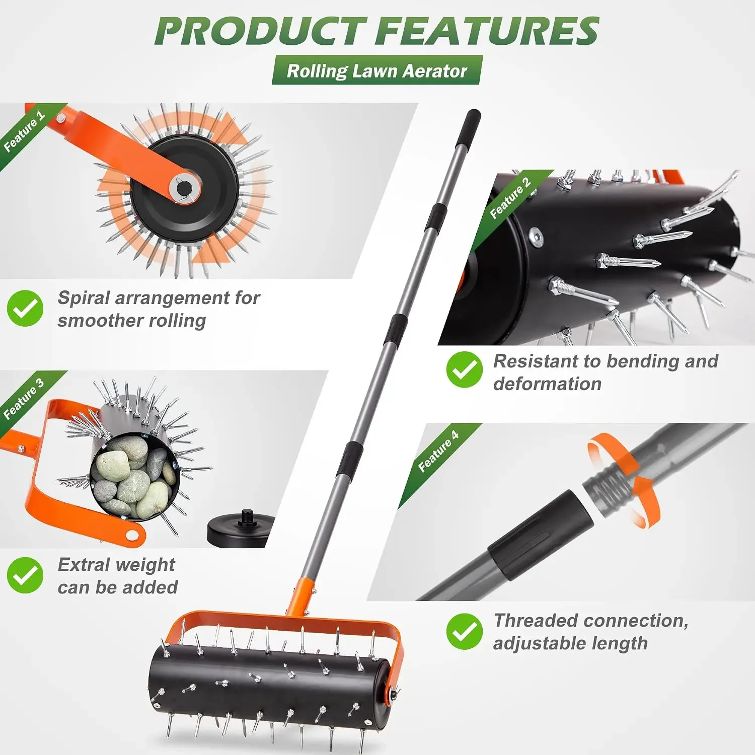 Rolling Lawn Aerator, Heavy Duty Manual Aerator Tool with 42 Spikes, Lawn Spike Aerator Roller with 71" Adjustable Handle - view 5
