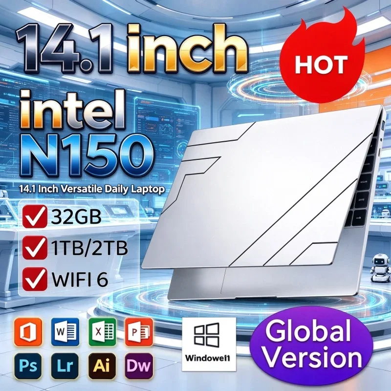 2026 Intel N150 Ultra Slim 14.1 Inch Laptop 32GB RAM 2TB SSD Task Notebook 1920x1080 Office High Performance