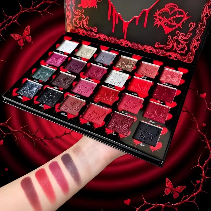 24-Color Red Black Smoky Eyeshadow – Matte Shimmer Metallic, Goth Glam Maximalist Makeup, Smudged Vampire Look, Daily to Party view 4