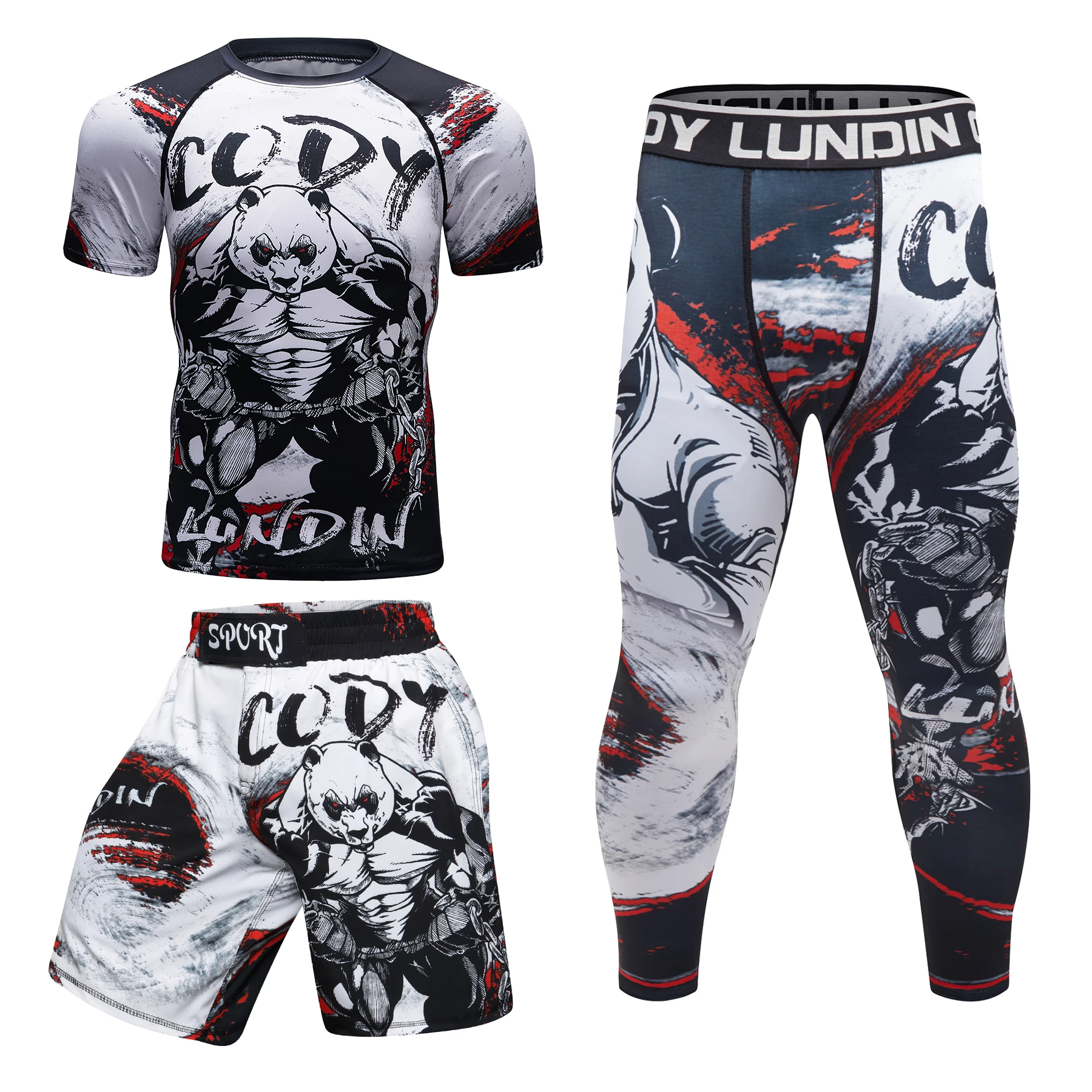 Cody lundin 3d brazilec jiu jitsu manto tričko + grappling kamaše box šortky 4 v 1 zápas sval rashguard pánské sada