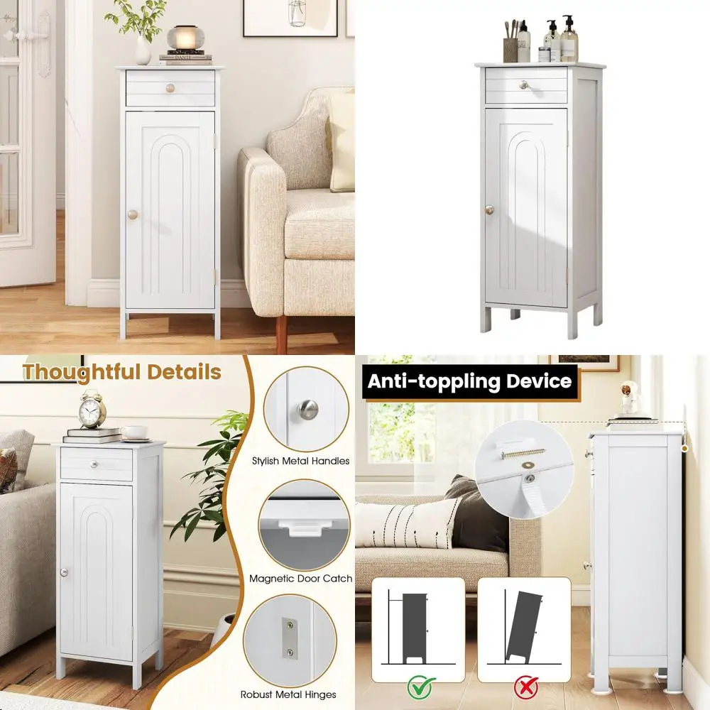 

Wooden Home Storage Cabinet with Single Door, Large Drawer, and 2 Adjustable Shelves