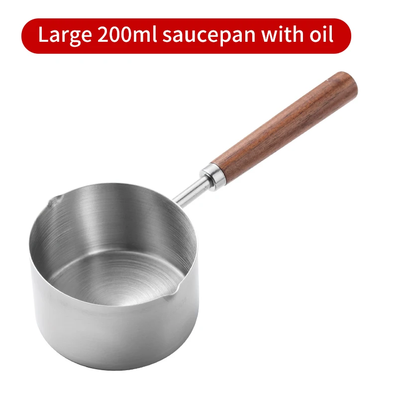 Multifunctional Pan Stainless Steel Butter Warmer Pouring Hot Oil Pot Milk Coffee Pan With Wooden Handle Snow Pan