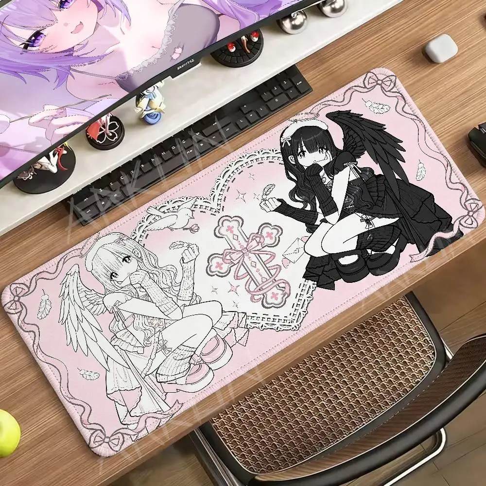 Anime Girl Mouse Pad Kawaii Angel Devil Desk Mat Japanese Manga Gaming Mousepad Cute Pink Black Keyboard Pad