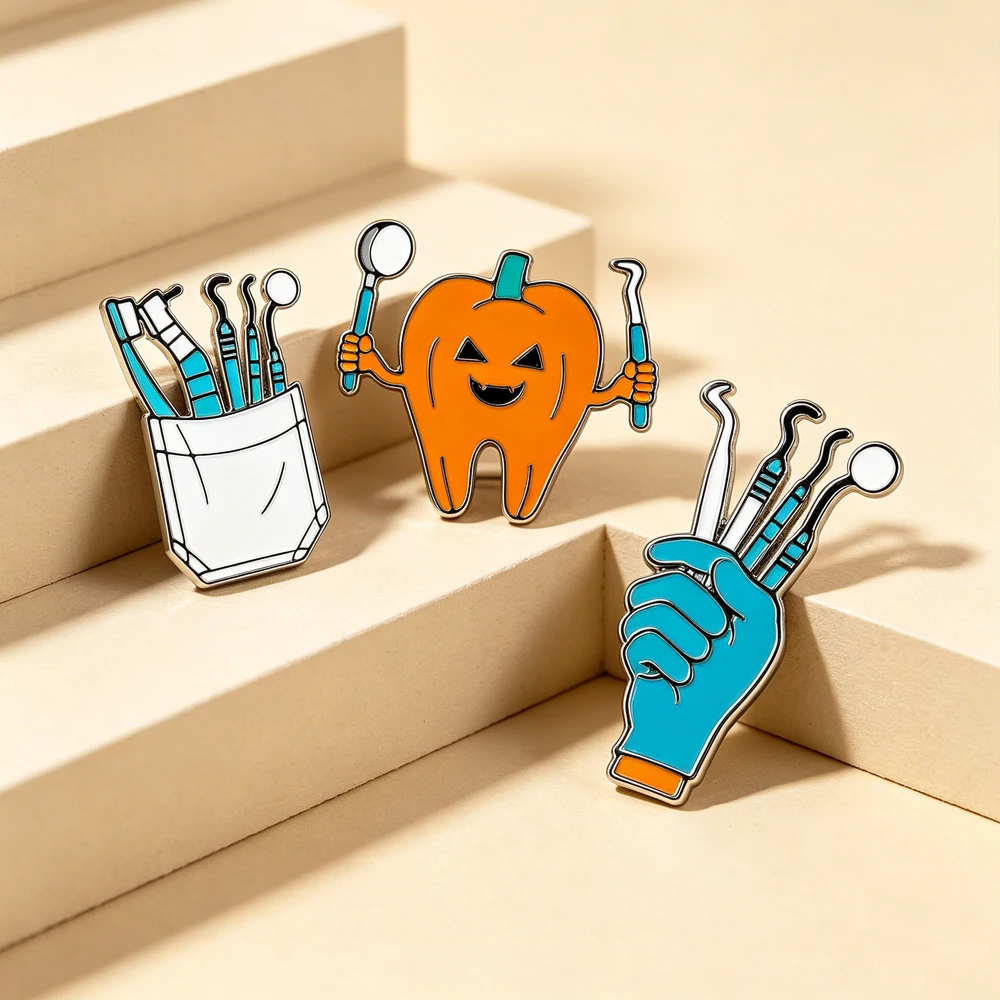 Hot Sale Fun Dentist Enamel Brooch Dental Tools Tooth-Shaped Brooch Creative Medical Dental Nurse And Doctor Gift Jewelry