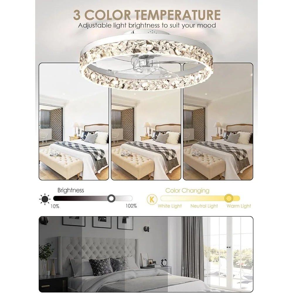 Low-Profile-Deckenventilator mit Lichtern, ferngesteuert, dimmbar, für den Innenbereich, Unterputzmontage, energiesparend, umkehrbar, leise Luftzirkulation, Heimdekoration