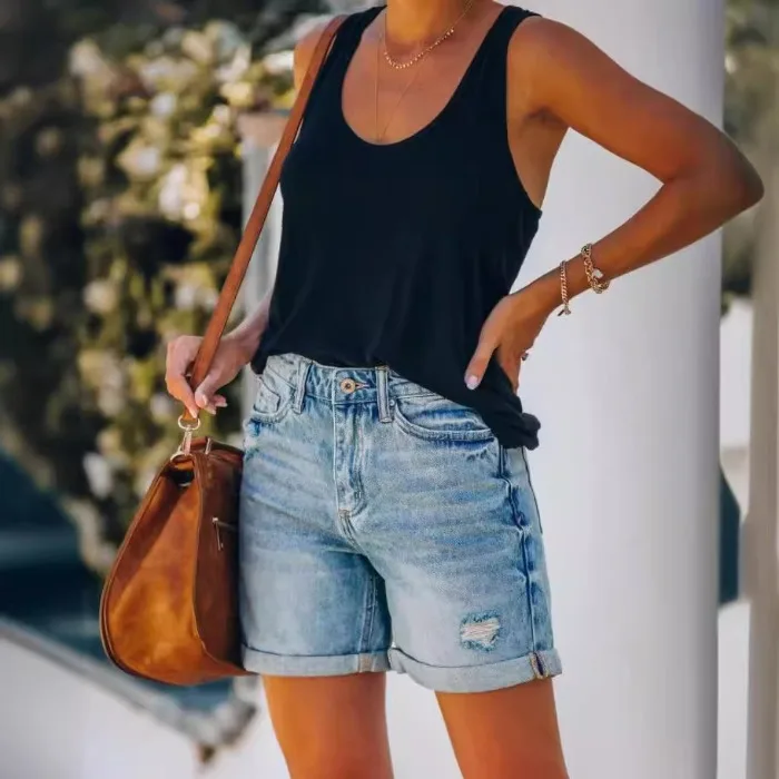 

Джинсовые шорты женские, лето 2025 г., модные раскладные брюки со складками, брюки три четверти, женские повседневные мини-прямые джинсы