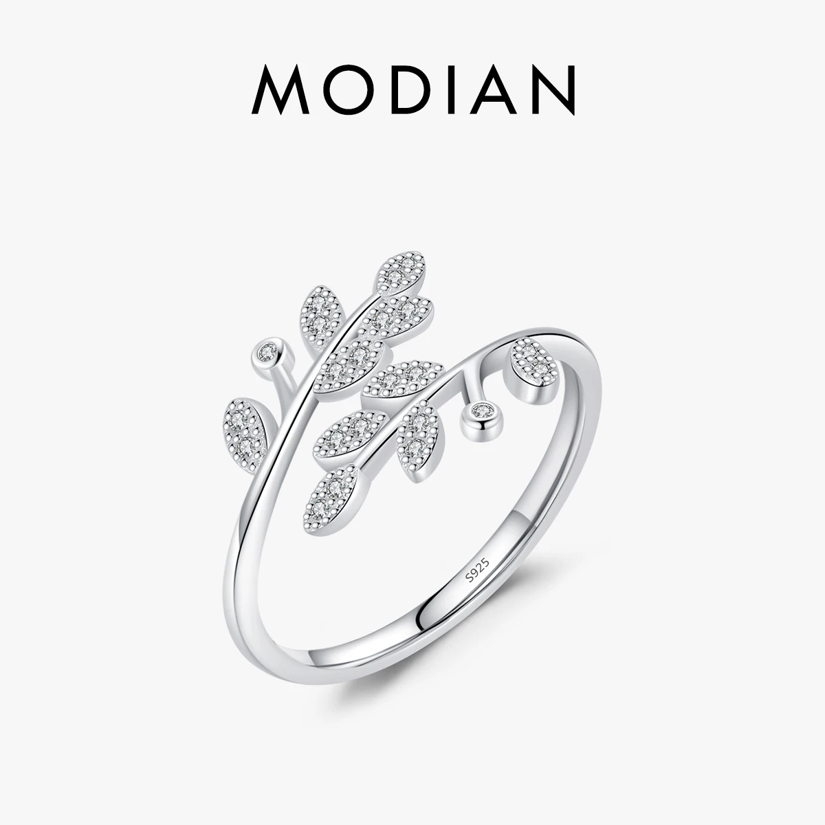 

MODIAN 925 Sterling Silver Lucky Tree Leaf Finger Adjustable Rings Sparkle CZ Opening Size 6-9 Ring For Women Fine Jewelry Gift