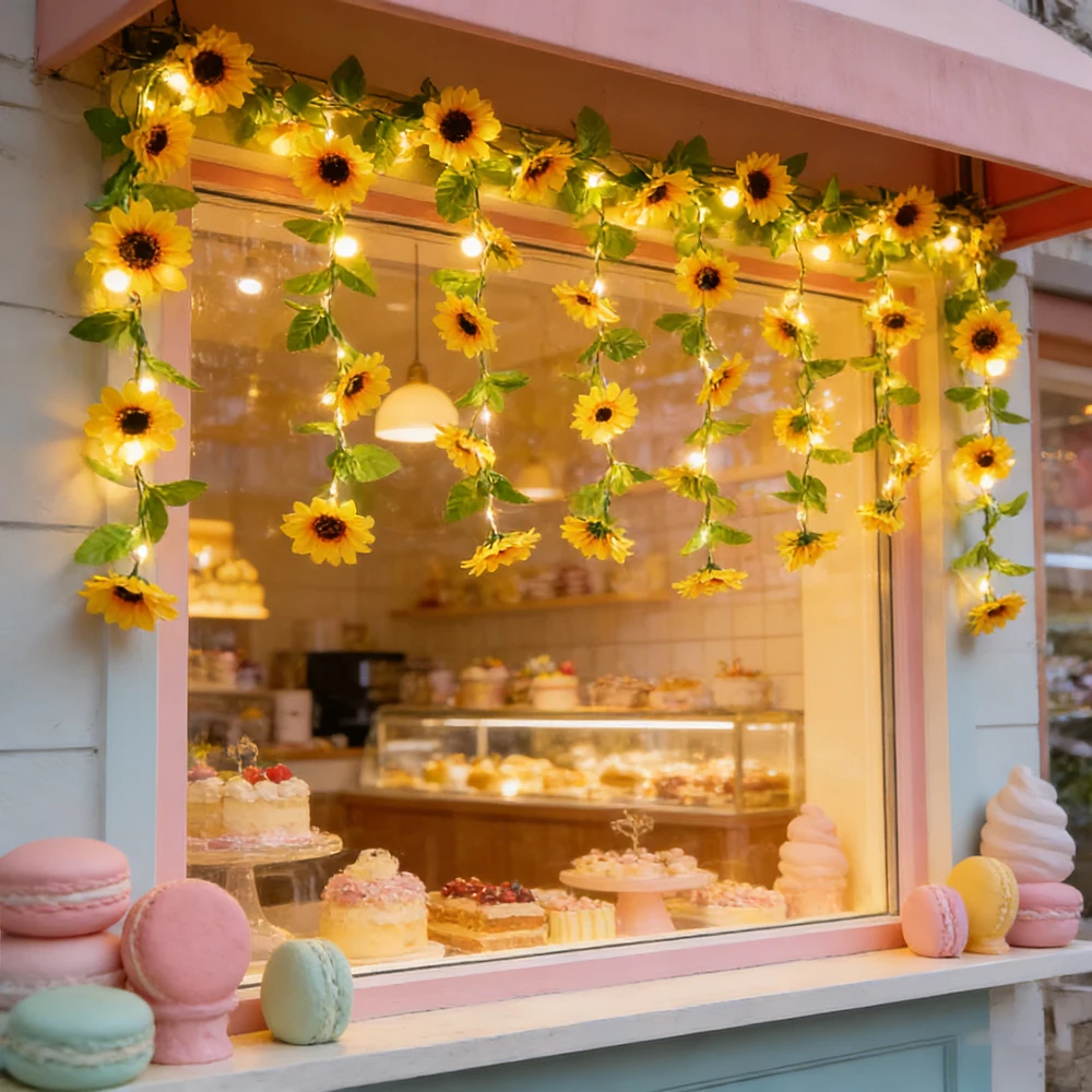 

Garden Summer Decor Light Battery Box LED Leaves Sunflower String Lights Outdoor Wedding Holiday Artificial Plants Garland