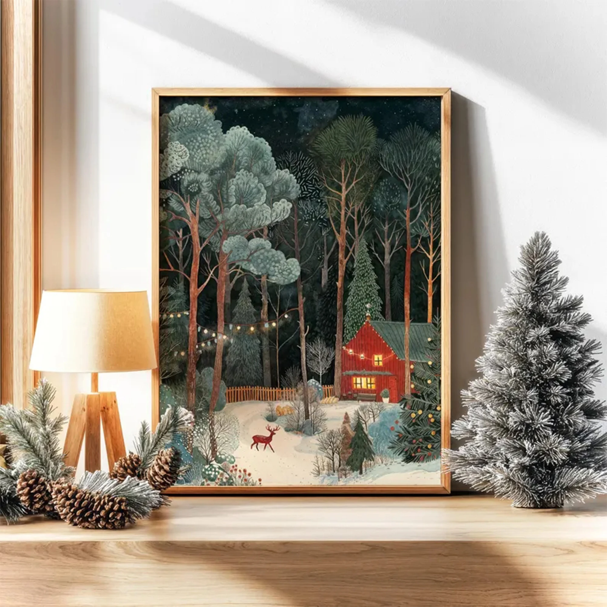 Retro Whimsical Winter Cabin Christmas Wall Art Print Canvas Painting Poster Picture For Living Room,Bedroom Home Decor