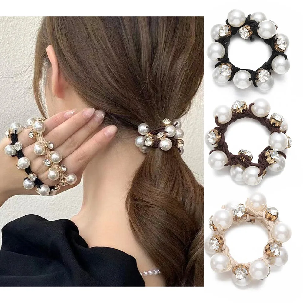 Fashion Pearl Crystal Black Hair Ties For Women Girls Summer No Slipping Elastic Beaded Ponytail Holders Hair Ropes Scrunchies