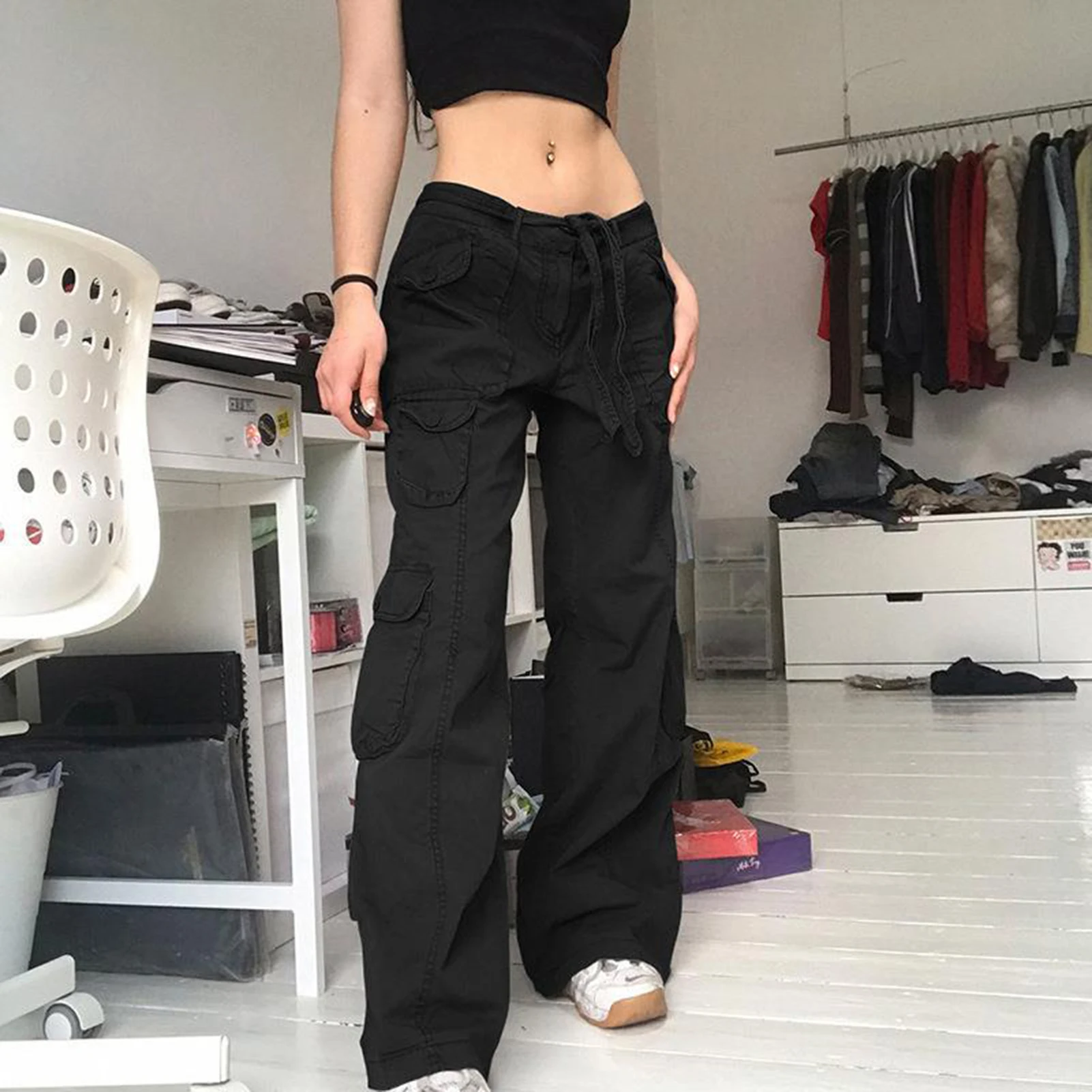 Woman's Cargo Pants with Wide Leg Denim Straight Jeans for Tights Suspenders Sneakers