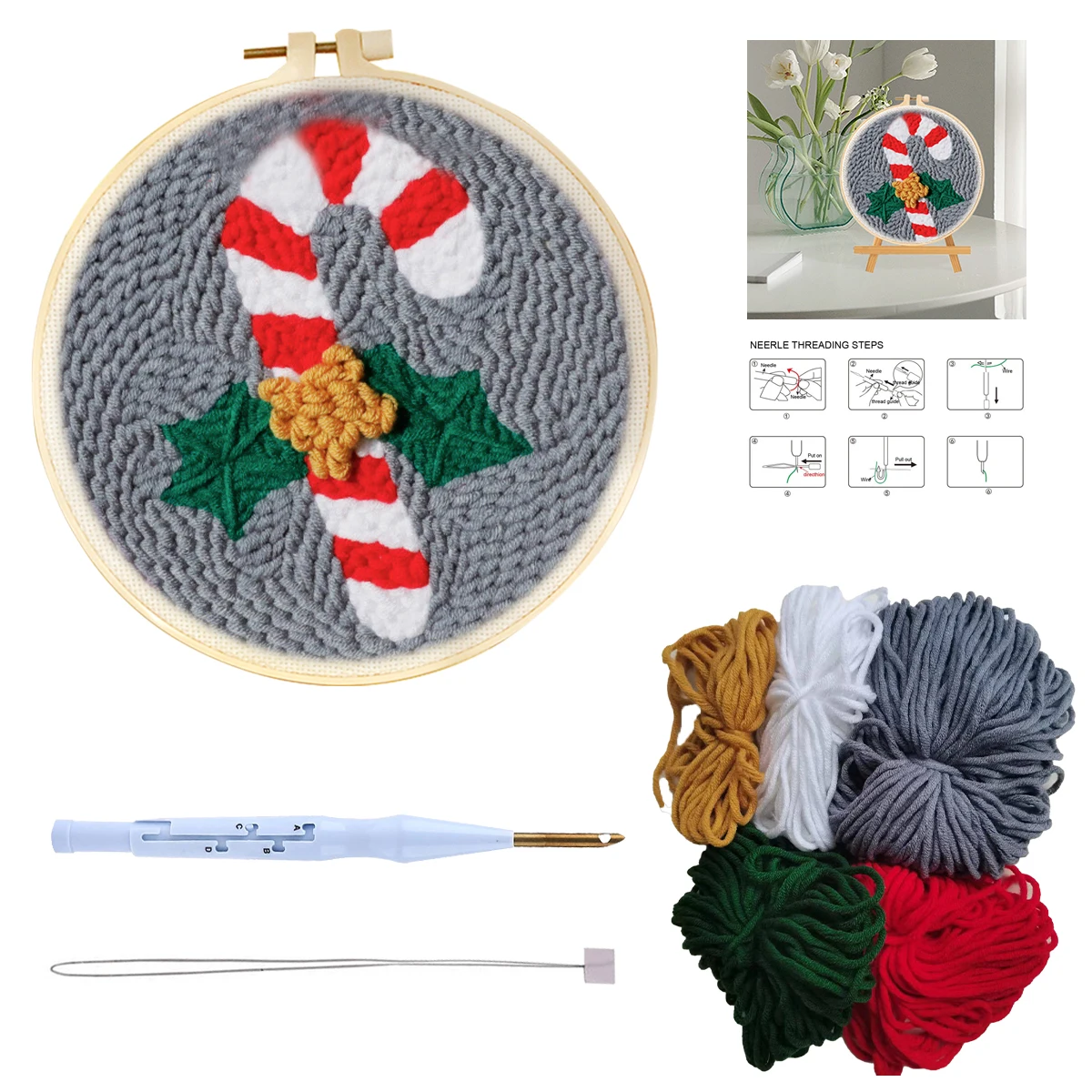 

Ruopoty Christmas Crutches Pattern Punch Needle Embroidery Starter Kits For Beginners Yarns Embroidery Hoops Christmas Gift