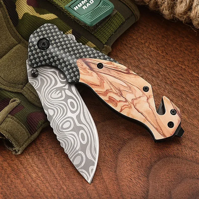 Folding Outdoor Knife Camping Survival High Hardness Folding Knife Portable Multi-Purpose Damascus Pattern Pocket Knife