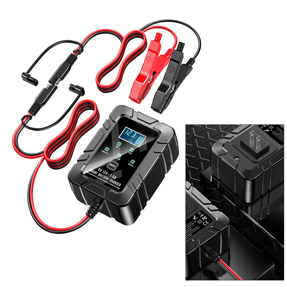 

Intelligent Charging 12V 6V Charger Roadside Assistance 1.5A Current Charging Status Indicators High Universality Fitment