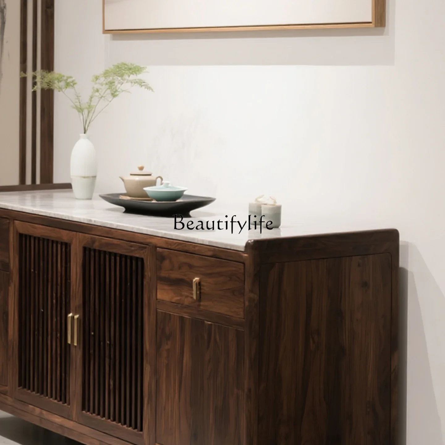 

yj7 New Chinese-style North American black walnut solid wood dining side cabinet, Zen entrance cabinet