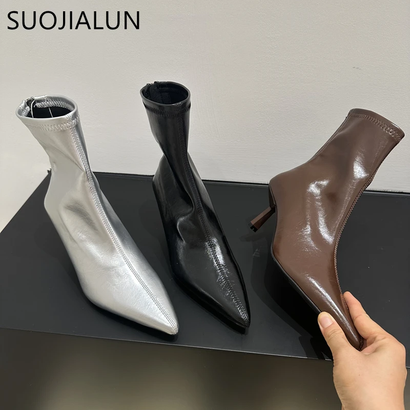 SUOJIALUN Winter New Brand Women Ankle Boots Fashion Pointed Toe Ladies Elegant Short Boots Thin High Heel Dress Chelsea Pumps