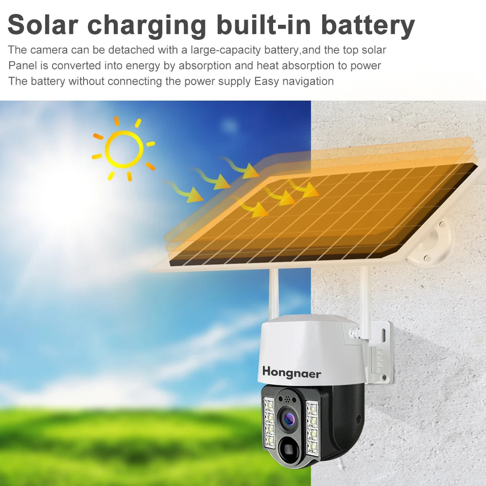 Hongnaer 5MP V380 Pro WiFi اللاسلكية تعمل بالبطارية الشمسية لوحة في الهواء الطلق PTZ IP الأمن في الهواء الطلق واي فاي CCTV كاميرا تعمل بالطاقة الشمسية