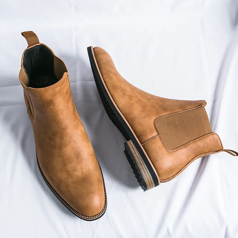 New Black Chelsea Boots for Men Business Ankle Boots Yellow Round Toe Slip-On Men Short Boots Size 38-46