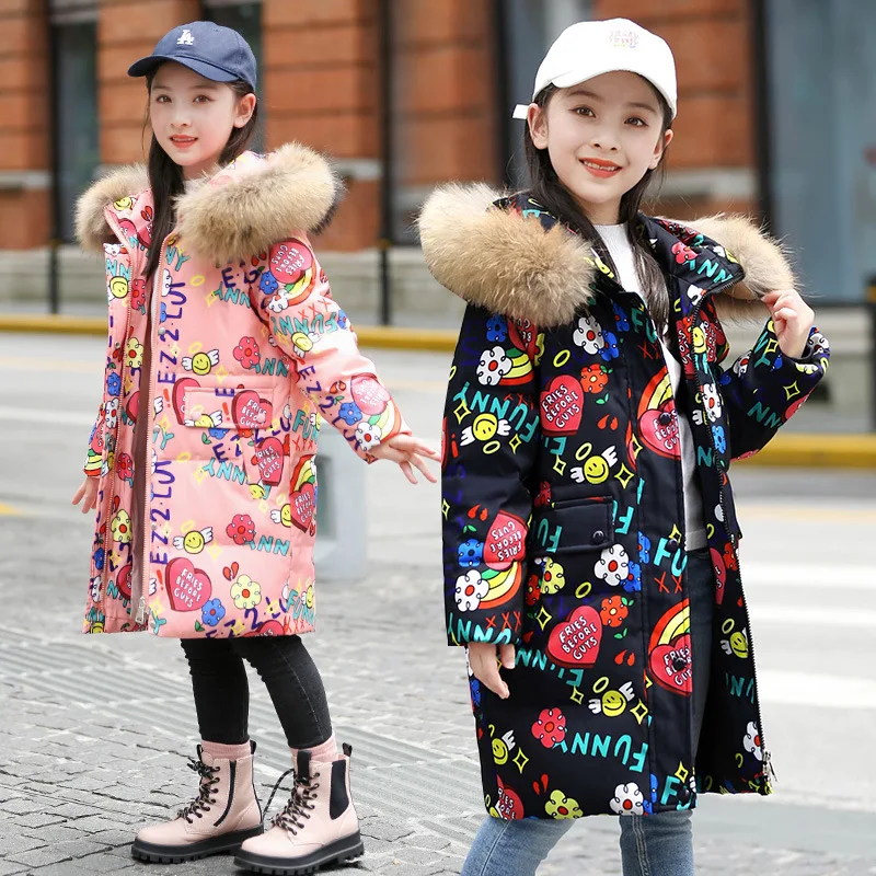 5-16 Years Winter Girls Down Jacket Fur Collar Hooded Cartoon Printed Long Teenage Girl Outerwear Coat Kids Graffiti Outfit