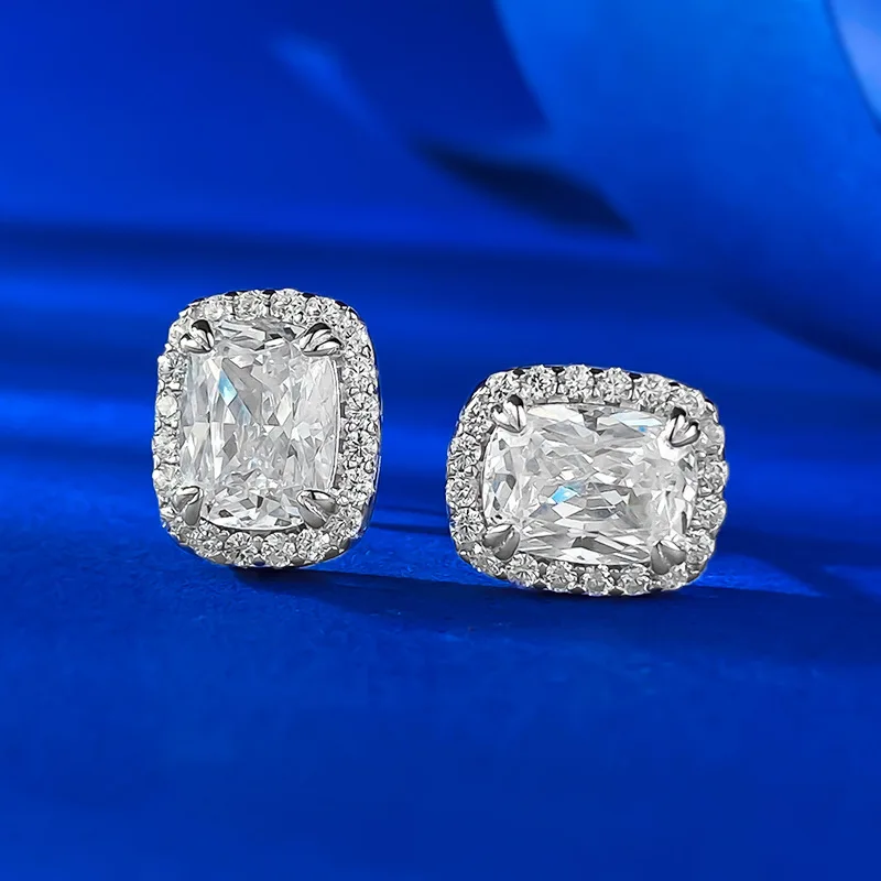 S925 sterling silver 2 carat earrings with pillow shaped cut imitation diamond fashion style, popular daily versatile earrings