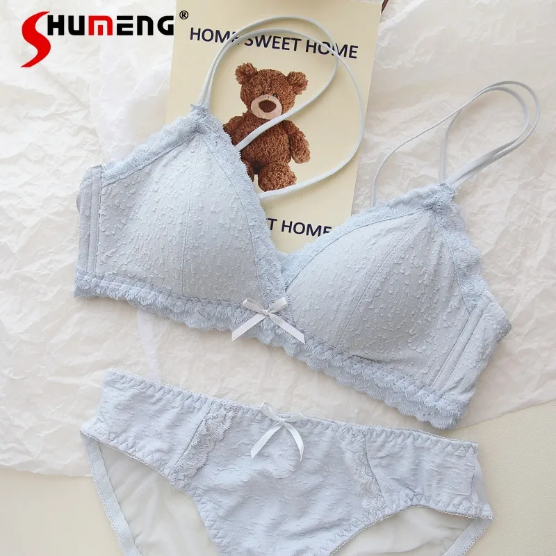 

Japanese Style Double Strap Bra Suits for Women Thin Cup Small Chest Push Up Sexy Intimates Female Wireless Sweet Brief Sets