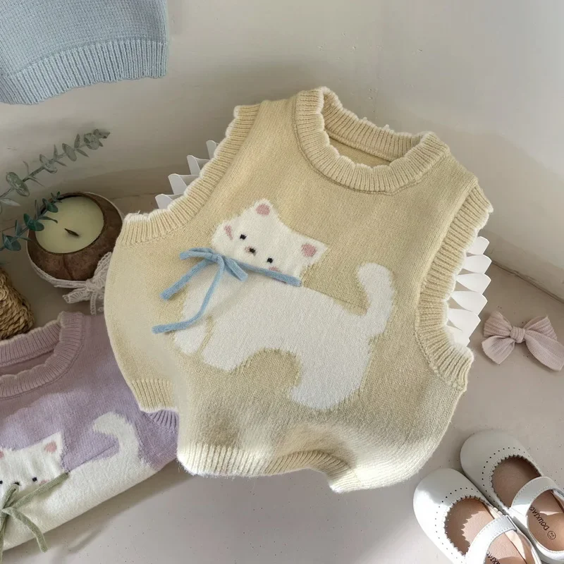 2024 Autumn and Winter Children\'s Sweater Vest Cute Bow Cat Pattern Girl\'s Top Knitted Top Baby Kids Clothing