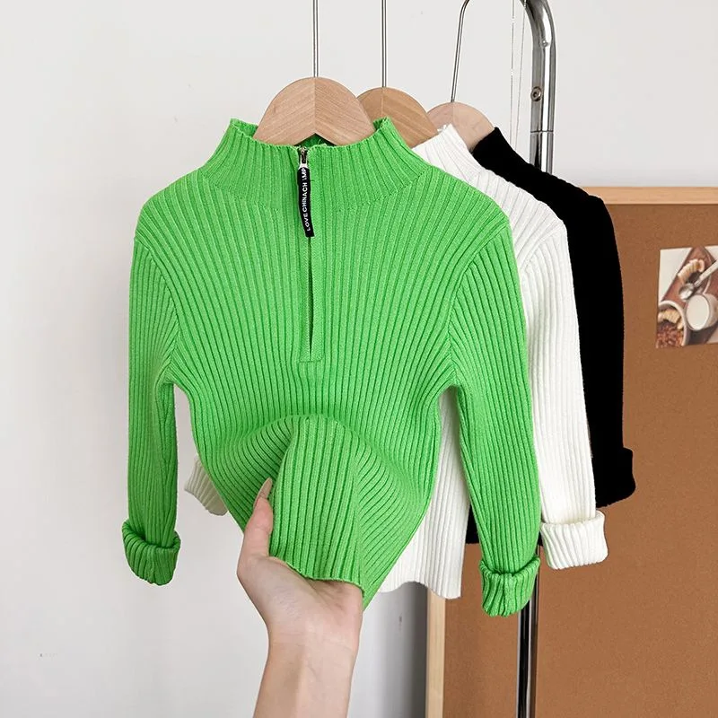 

Autumn and Winter Sweater Children's Personality Korean Solid Color Zipper, Semi High Neck Fashionable Knitted Sweater