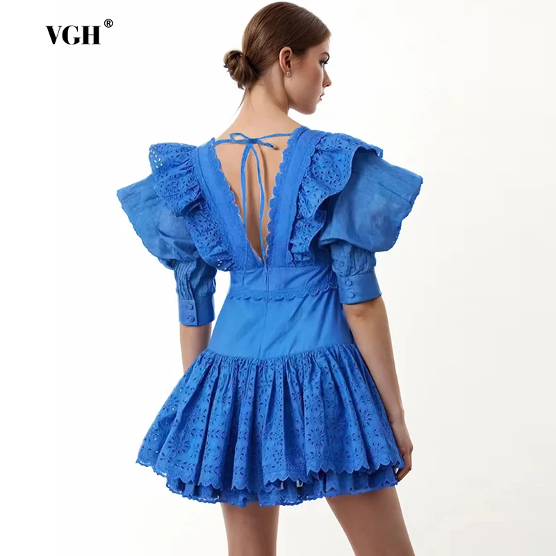 VGH Solid Patchwork Lace Up Dresses For Women V Neck Short Sleeve High Waist Spliced Button Temperament Mini Dress Female New