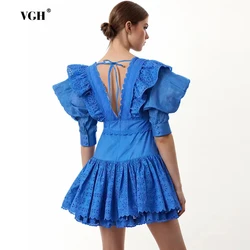 VGH Solid Patchwork Lace Up Dresses For Women V Neck Short Sleeve High Waist Spliced Button Temperament Mini Dress Female New