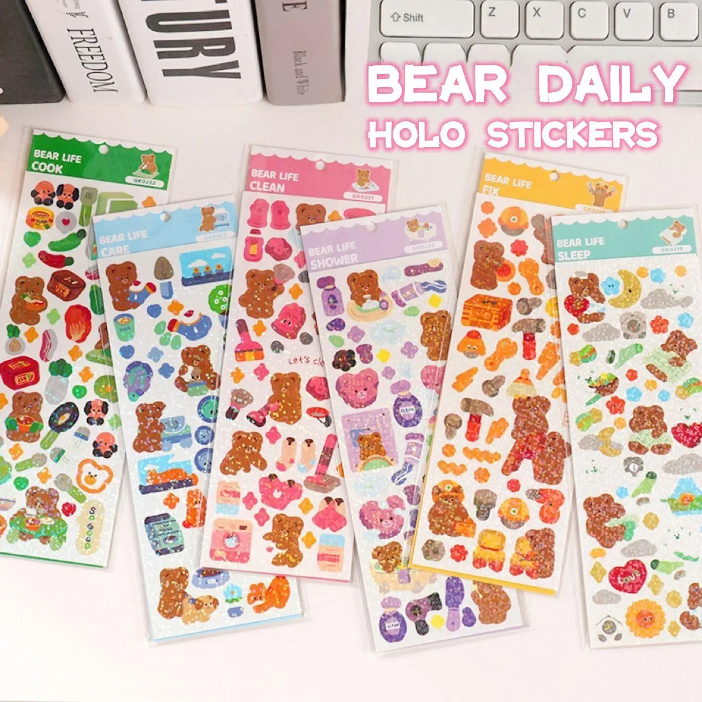 Korean Style Cute Cartoon Bear Holographic Decoration Stickers - Kawaii Glittery Deco Seal for Toploader, Scrapbook and More