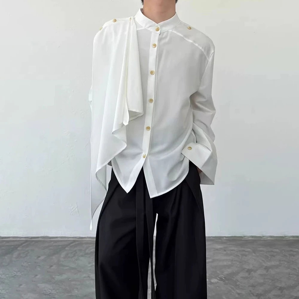 Mens Detachable Draped Overlay Leisure Shirt Streetwear Fashion Vintage Niche Nightclub Youth Asymmetrical Long Sleeve Top 2026