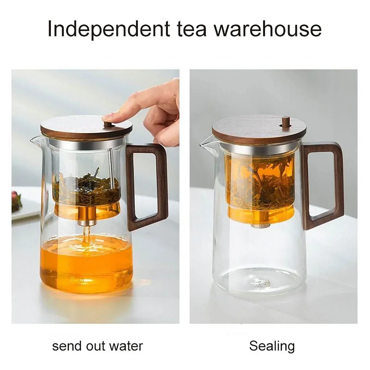 1PC Push-button Glass Filter Teapot With Walnut Wood Handle Full Glass Liner Tea-water Separation Tea Cup For Home Drinkware