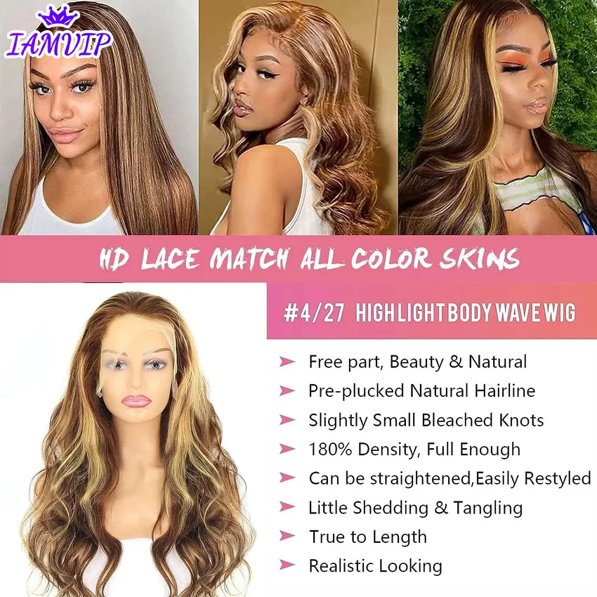 13x4 13x6 Hd Highlight Body Wave Lace Front Wig For Women Remy P4/27 Ombre Human Hair Lace Frontal Human Hair Wigs Choice Glue