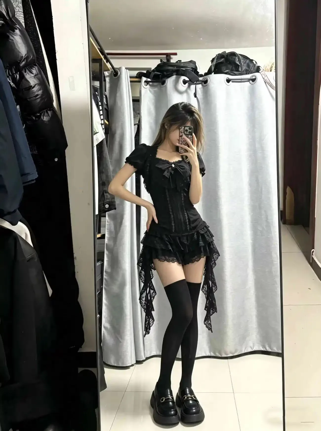 Aesthetic Gothic Lolita Black Lace 3 Piece Skirt Set Women Puff Sleeve Cardigan+Bow Cami Y2K Tops+Cake Mini Skirt Kawaii Outfit